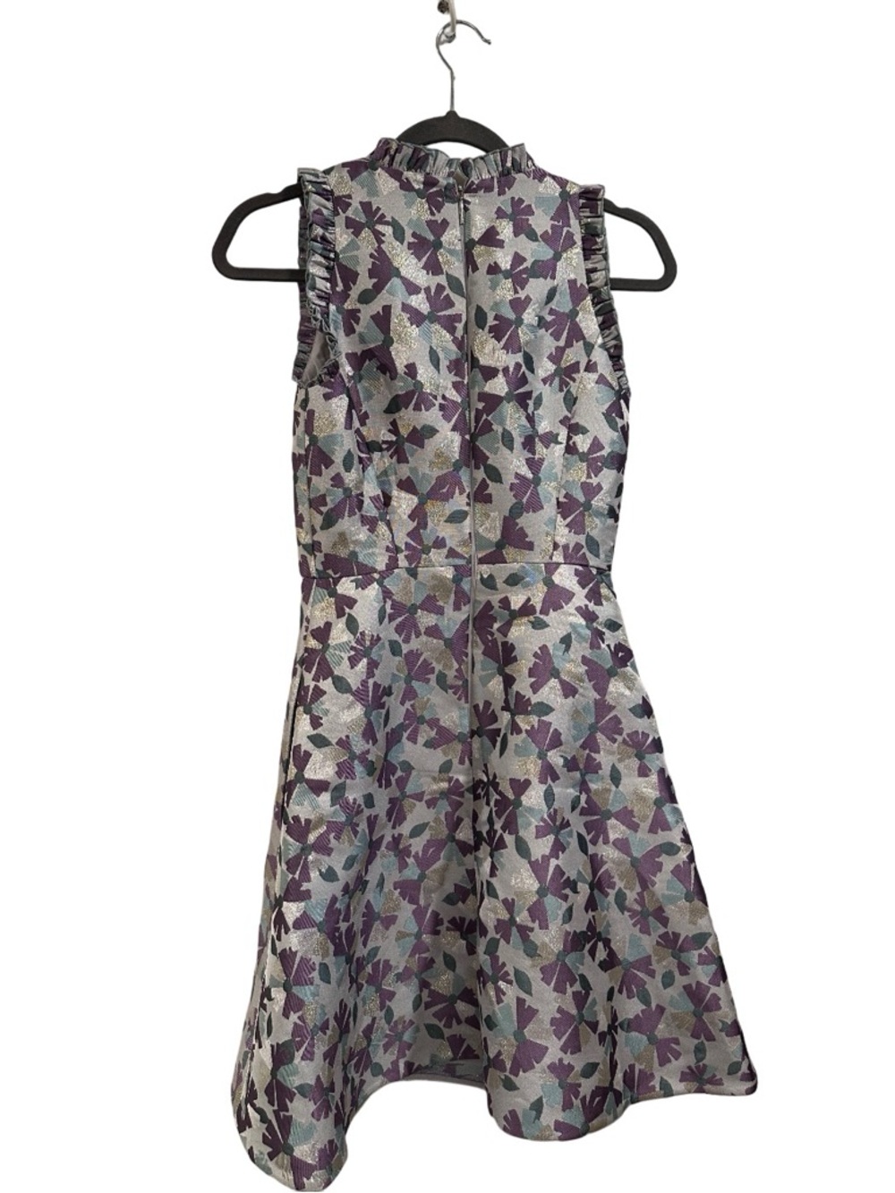 kate spade Moonglow wallflower ruffle Silver Dress Purple Floral Jacquard NWT 00 - Picture 5 of 16